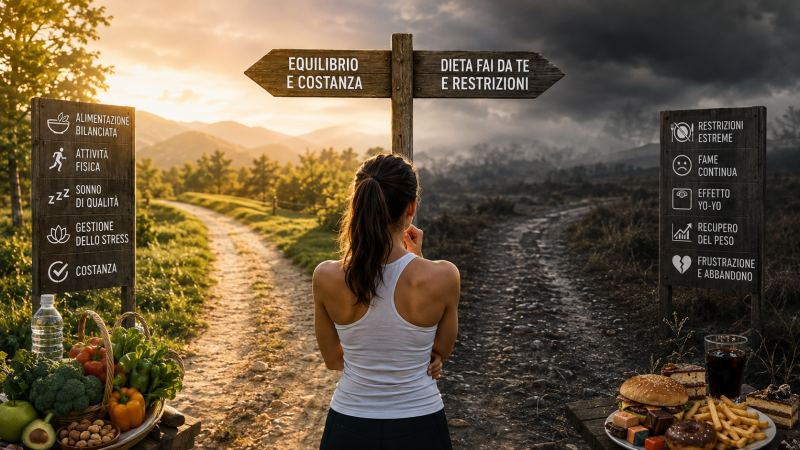 Bivio tra un percorso alimentare di equilibrio e costanza e uno di restrizioni e diete fai date