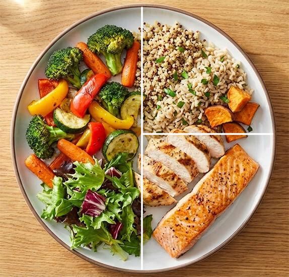 Le porzioni in un piatto bilanciato